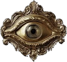 An ornate golden brooch shaped like an open eye