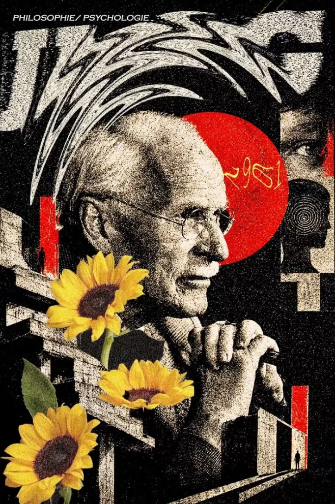 Collage print of C.G. Jung with sunflowers, spectacles, and symbolic circle