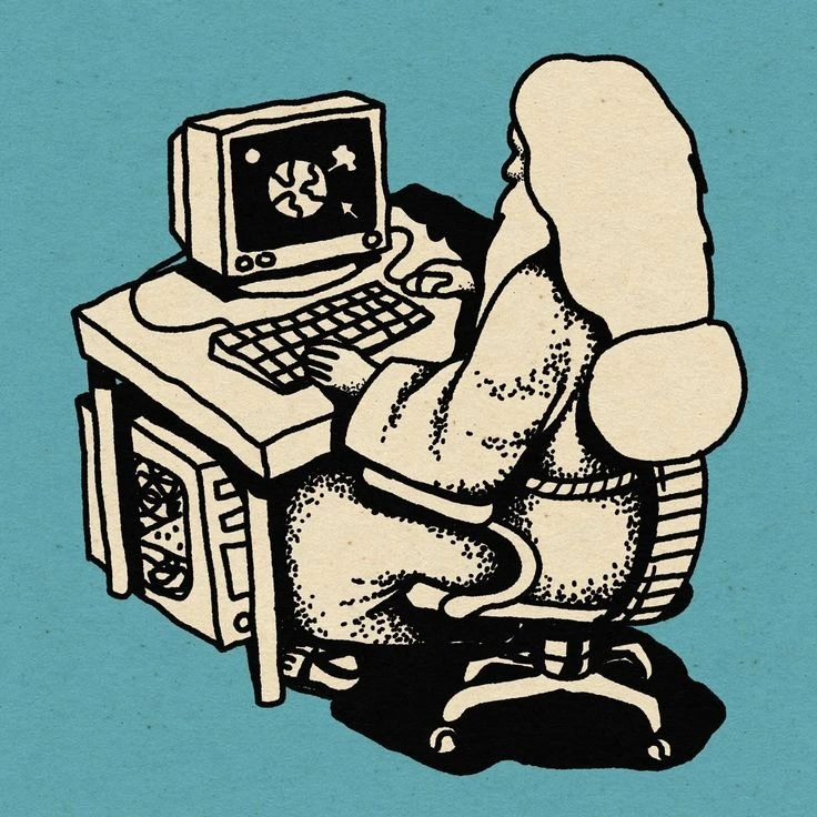 A craftsman at a retro computer terminal building an independent web page